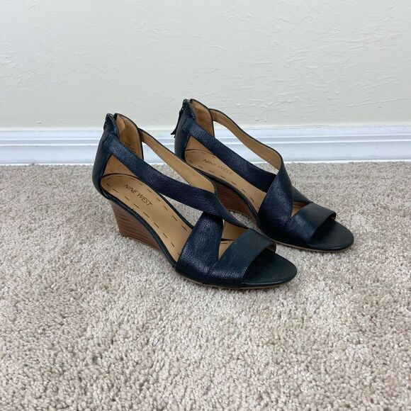 Nine West Fichel Strappy Leather Wedges - Black - Picture 1 of 6